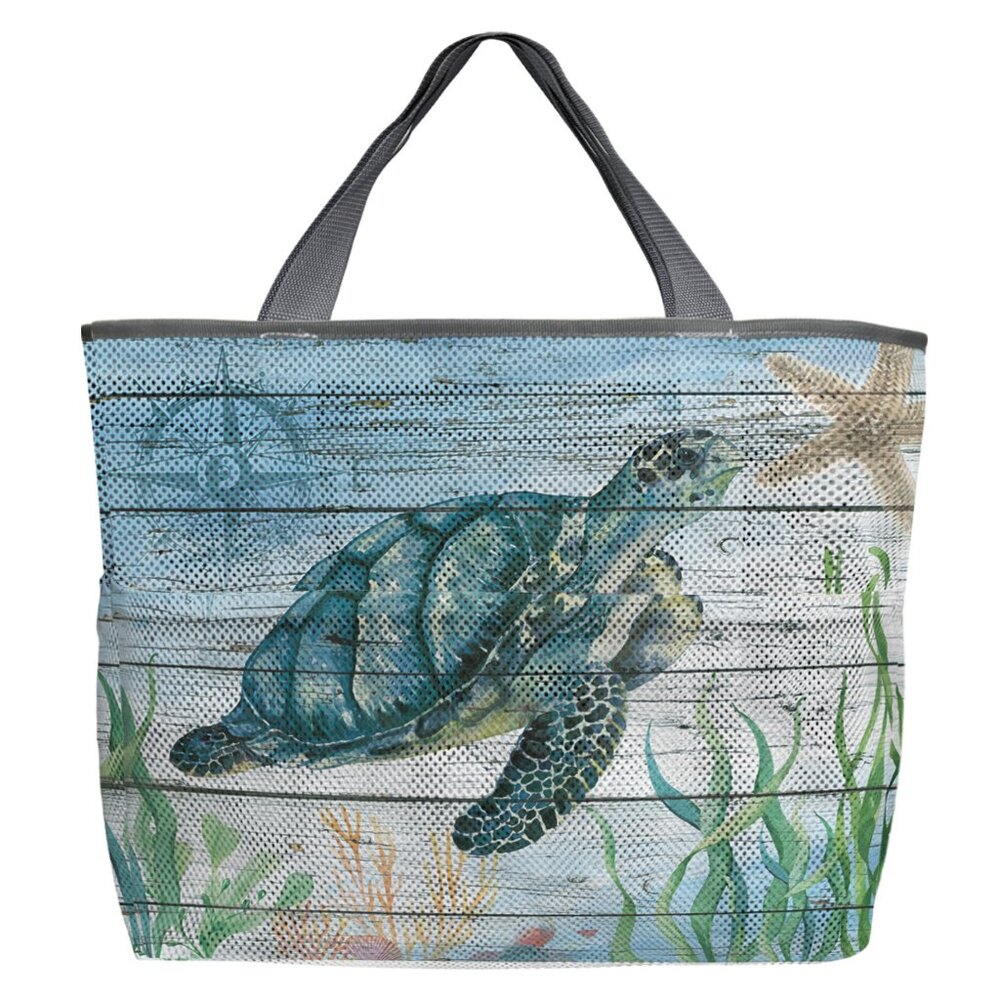 New Extra Large Sea Turtle Scene 7 Pocket Mesh Sand-Proof Beach Bag